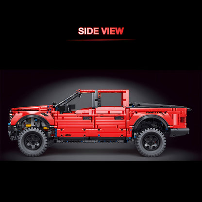 side view of taigaole red raptor f150 building blocks model toy car