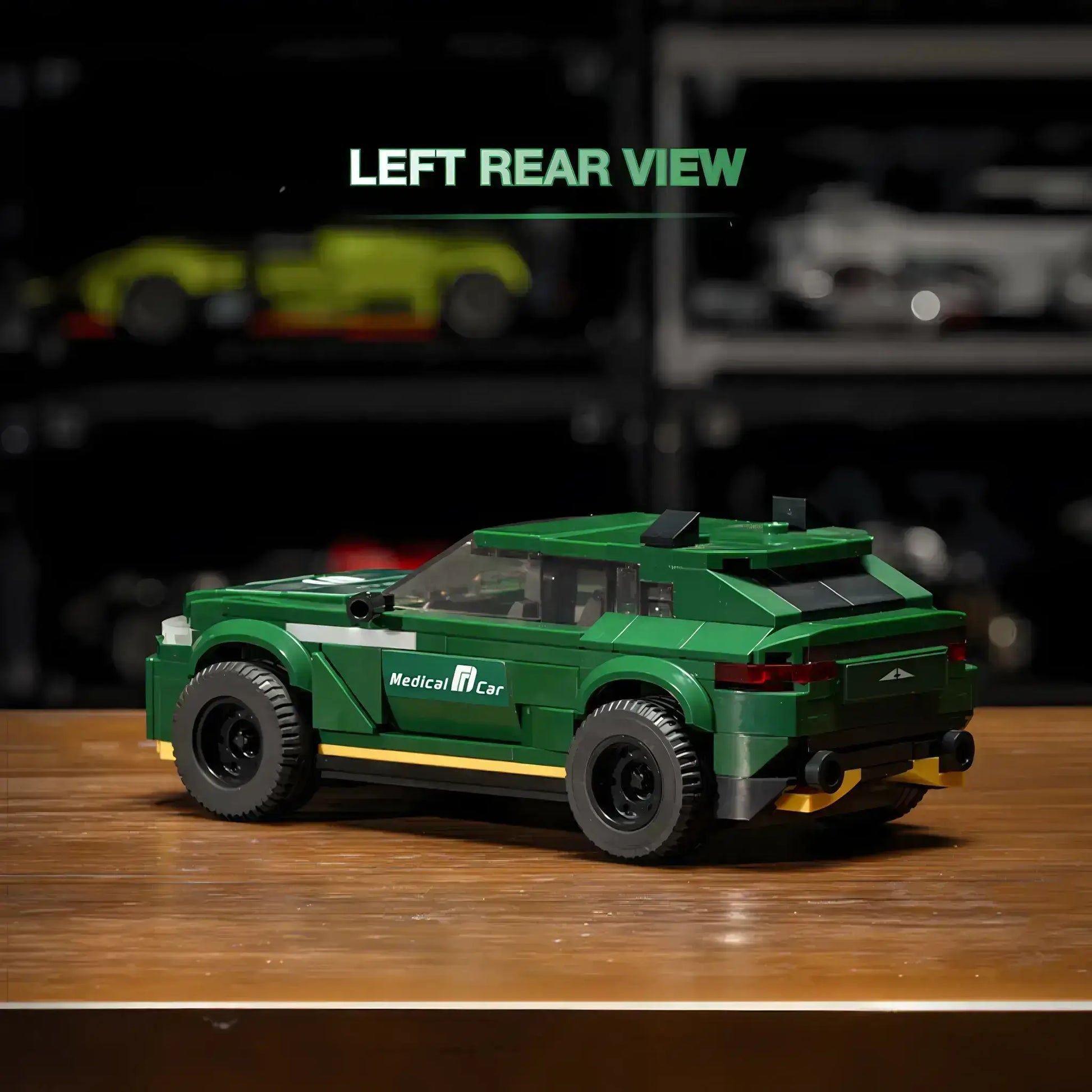 left rear view of xiaojiaodu jd058 aston martin f1 DBX707 model car building blocks toy