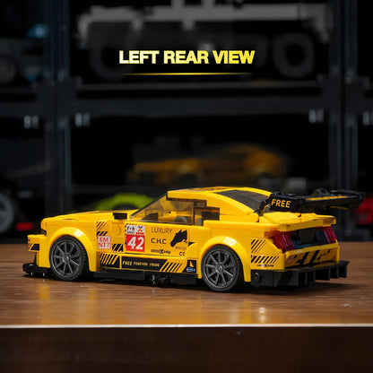 left rear view of xiaojiaodu jd080 ford mstang gt3 model car building blocks toy