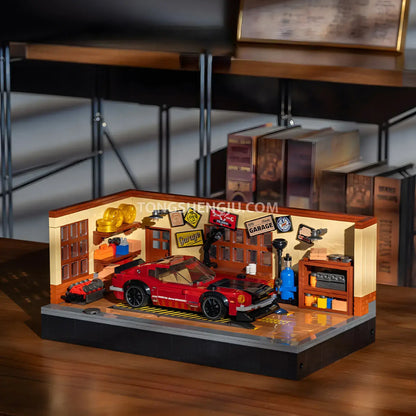 xiaojiaodu jd084 nissan 240z sports car building blocks set model car parked in the repair shop