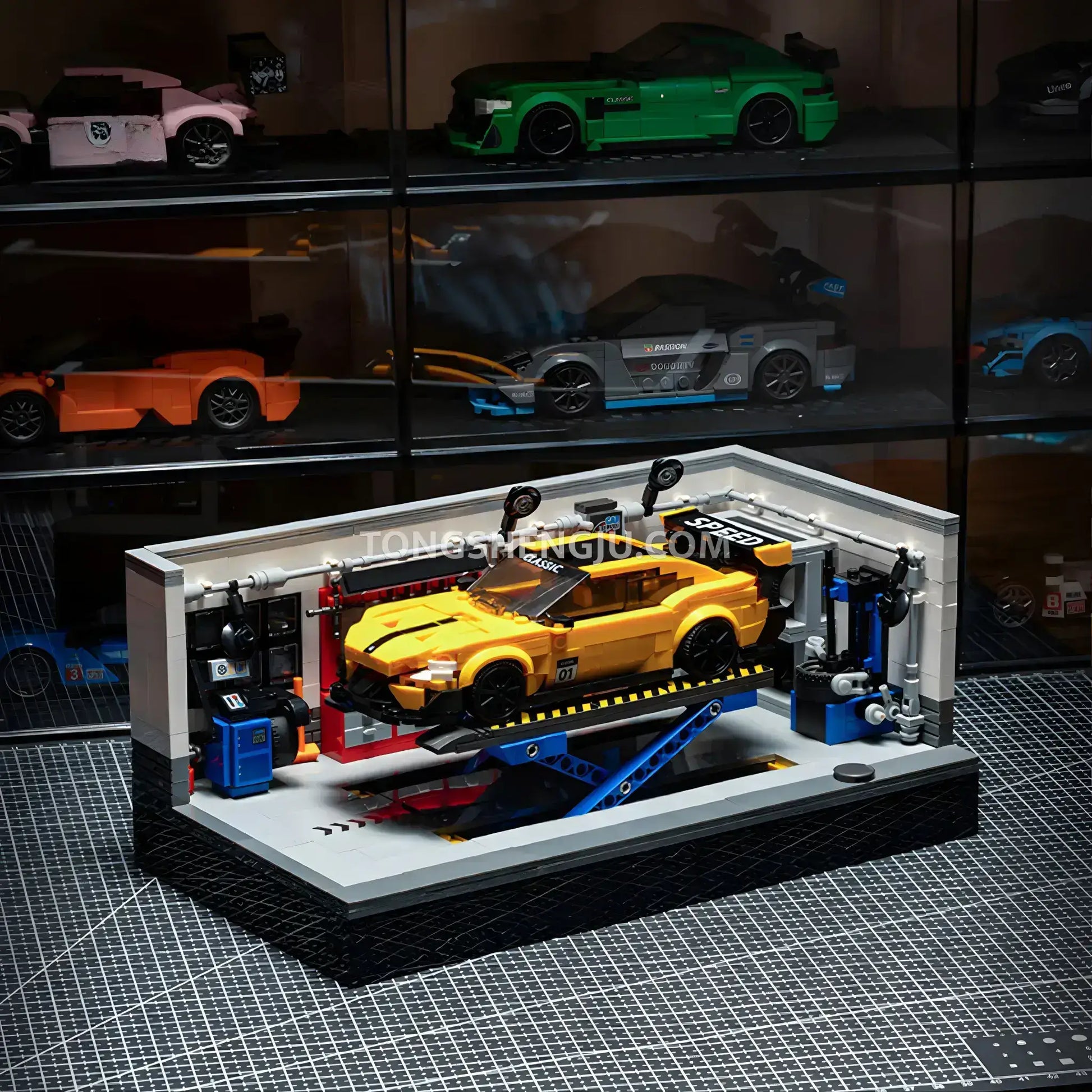 xiaojiaodu jd101 modern garage car building blocks set model car lift platform in operation