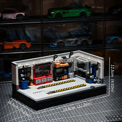 product size of xiaojiaodu jd101 modern garage car building blocks set model car