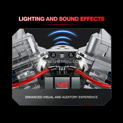 guly xinzhuan xz0014 flathead v2 engine model technic motorcyle building set lighting and sound effects