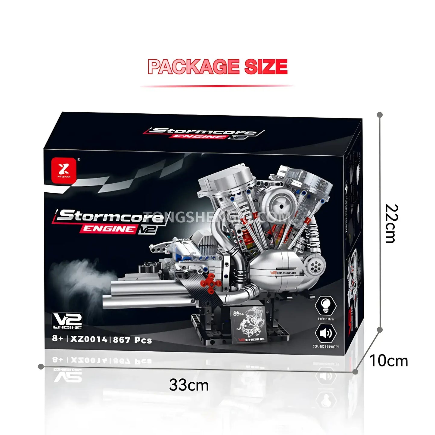 package size of guly xinzhuan xz0014 flathead v2 engine model technic motorcyle building set