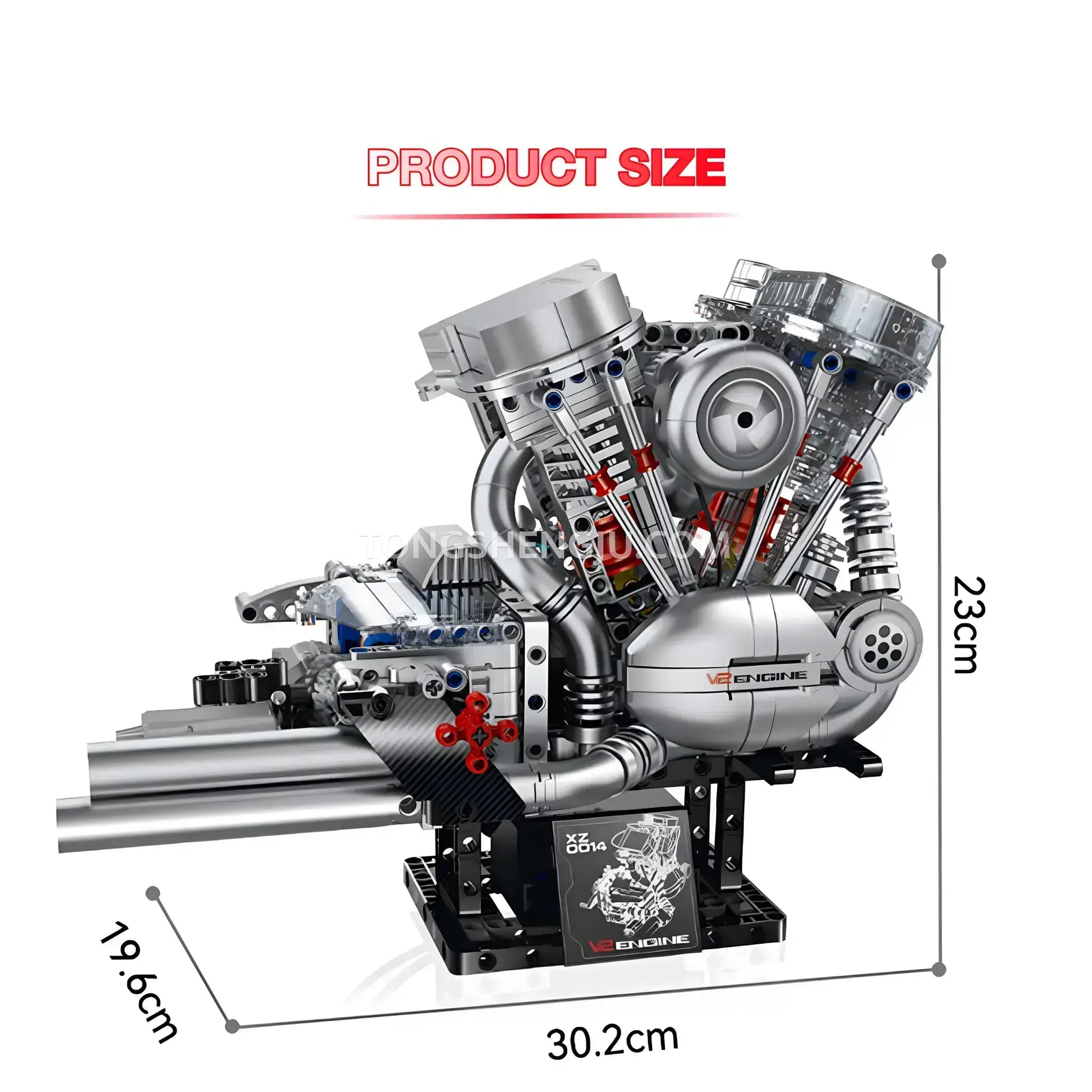 product size of guly xinzhuan xz0014 flathead v2 engine model technic motorcyle building set